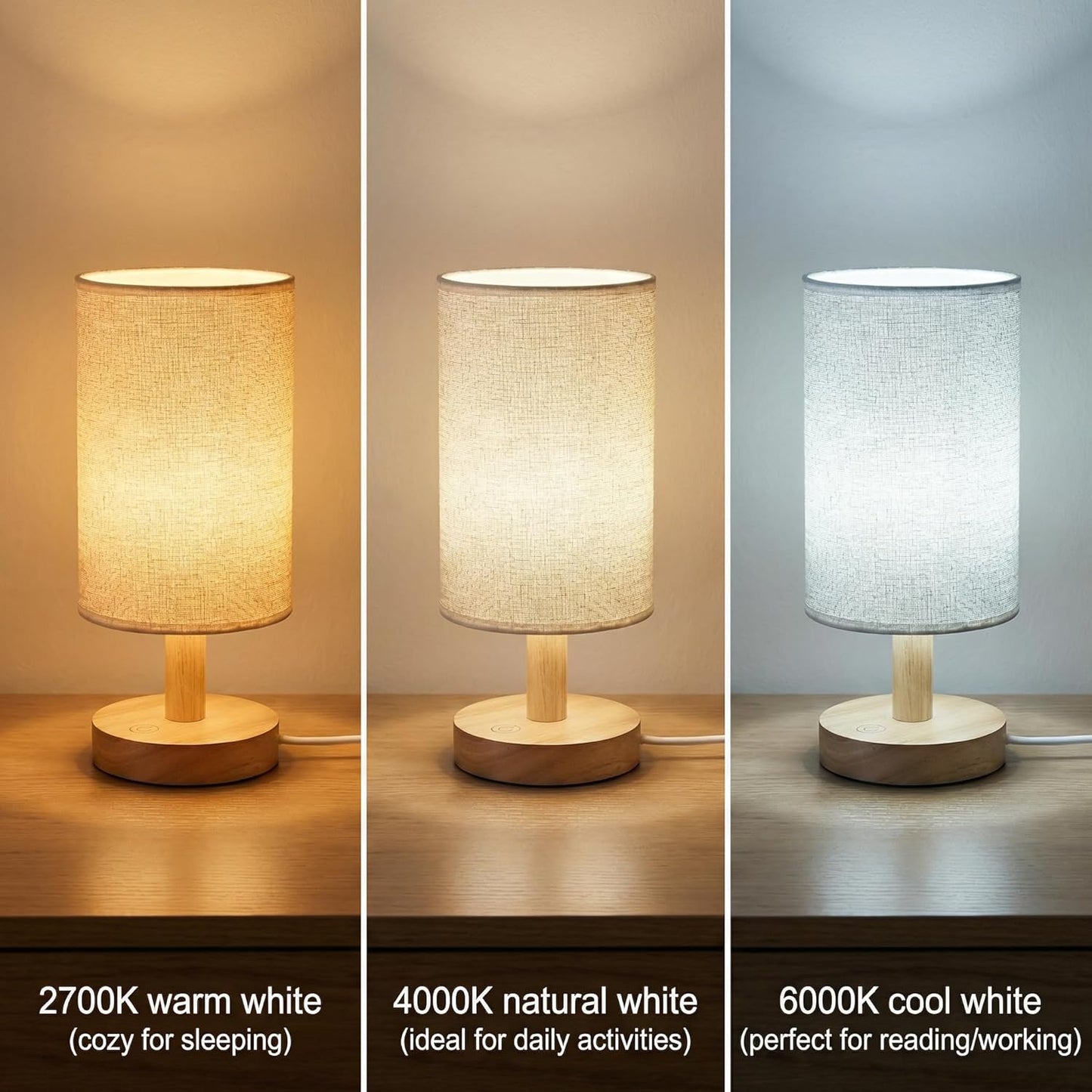 Touch Bedside Table Lamp - Stepless Dimming USB Powered, Minimalist Wood Base Linen Shade, 2700K Warm Light for Bedroom Nightstand Nursery Dorm Small Spaces, 5W LED 50K Hrs (No Bulb Replacement)
