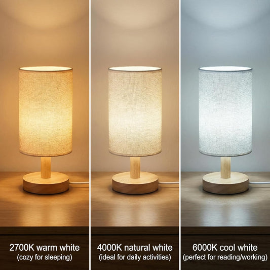Touch Bedside Table Lamp - Stepless Dimming USB Powered, Minimalist Wood Base Linen Shade, 2700K Warm Light for Bedroom Nightstand Nursery Dorm Small Spaces, 5W LED 50K Hrs (No Bulb Replacement)