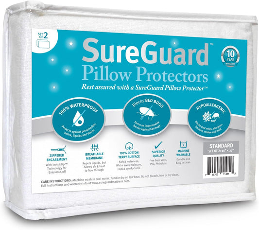 SureGuard Set of 2 Standard Size Pillow Protectors - 100% Waterproof, Bed Bug Proof, Hypoallergenic - Premium Zippered Cotton Terry Covers