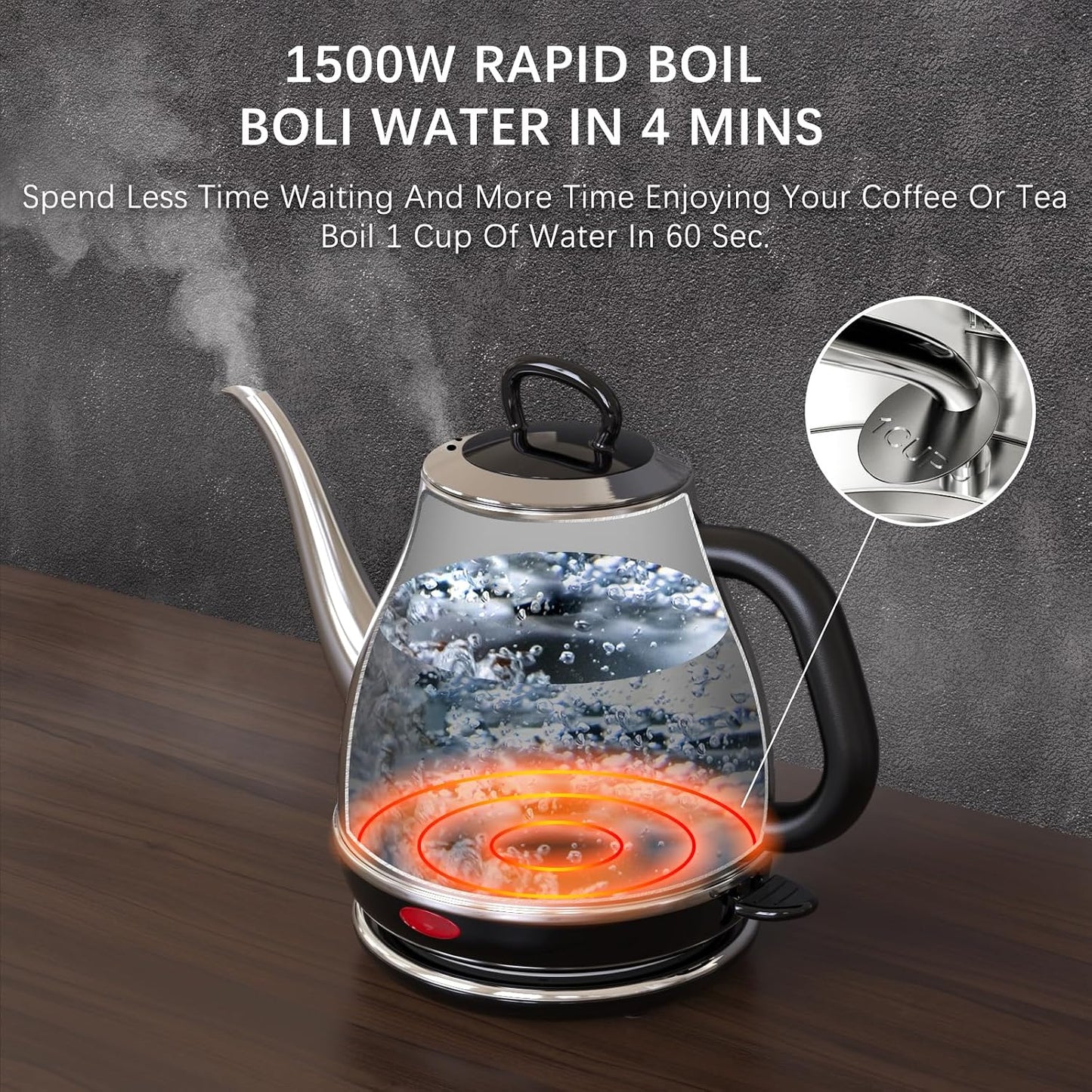 Anfilank Electric Gooseneck Kettle, 1L 1500WFast Boil, 100% Stainless Steel BPA Free Pour-Over Coffee & Tea Kettle,Water Boiler with Auto Shut & Boil-Dry Protectio,Green