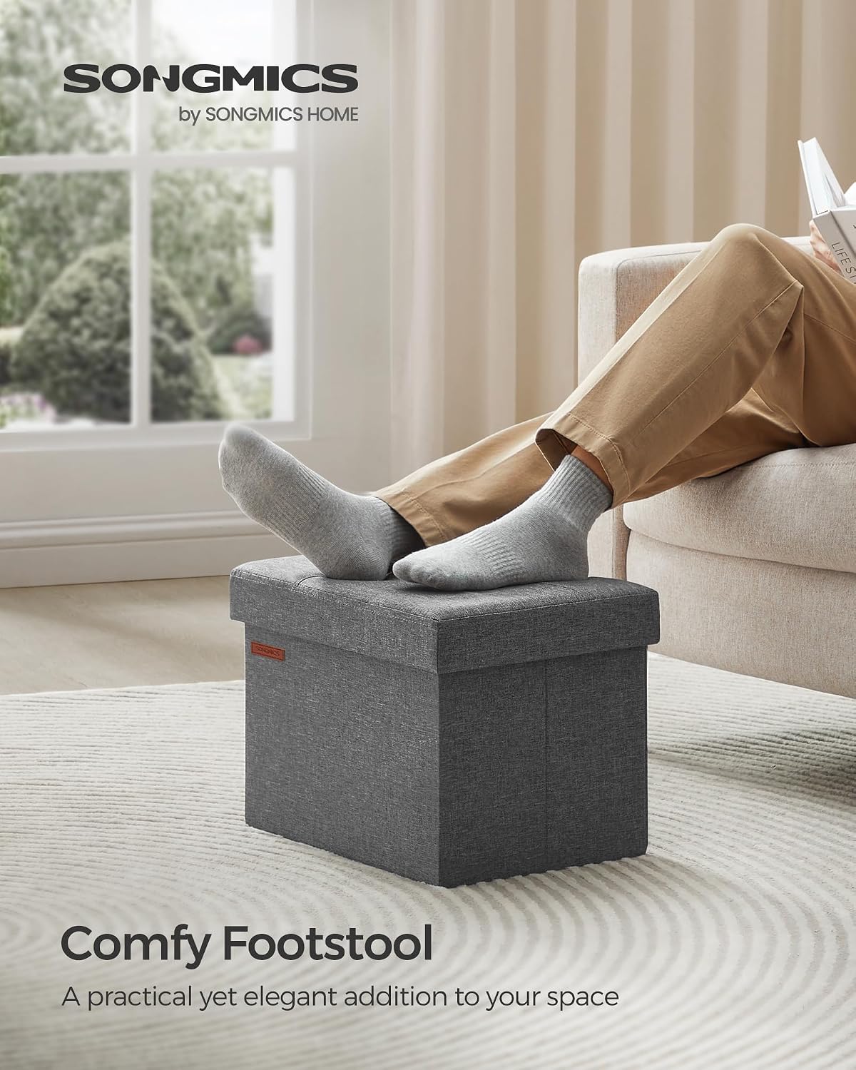 SONGMICS Mazie Collection - Small Folding Storage Ottoman, Foot Rest Stool, 12.2 x 16.1 x 12.2 Inches, 286 lb Load Capacity, for Living Room, Bedroom, Home Office, Dorm, Dark Gray ULSF102G01