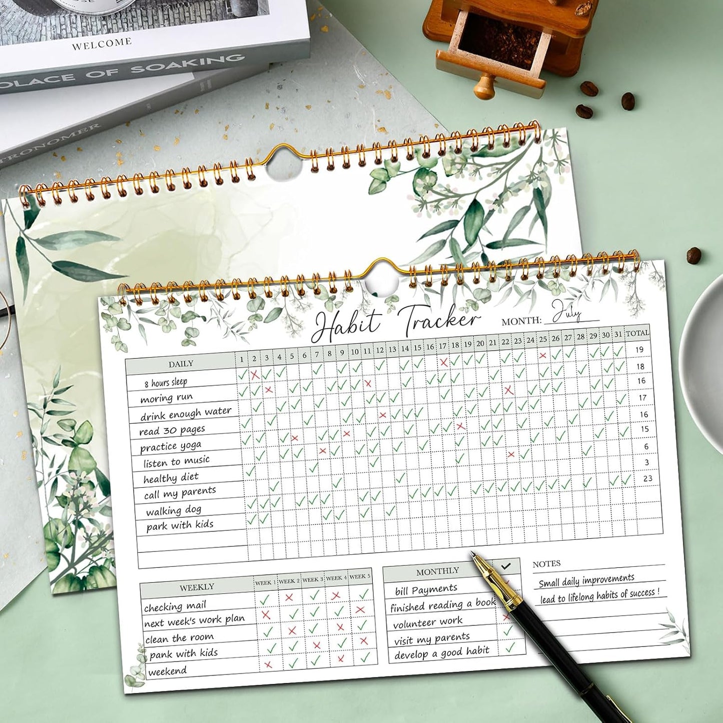 Habit Tracker Calendar, Aesthetic Daily Weekly Goal and Habit Tracker Journal, 12 Months Undated Habits Tracker Planner with Spiral Binding, Boost Productivity Tool and Workout Calendar, 11.7"x8.5"
