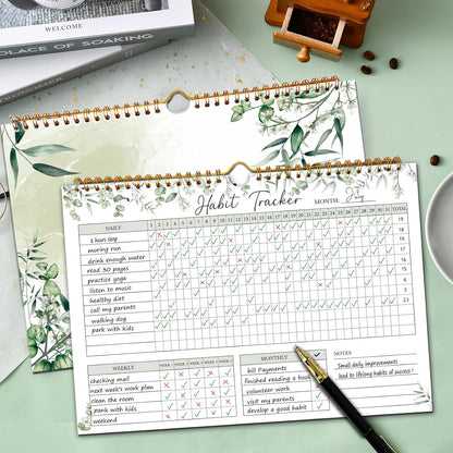 Habit Tracker Calendar, Aesthetic Daily Weekly Goal and Habit Tracker Journal, 12 Months Undated Habits Tracker Planner with Spiral Binding, Boost Productivity Tool and Workout Calendar, 11.7"x8.5"