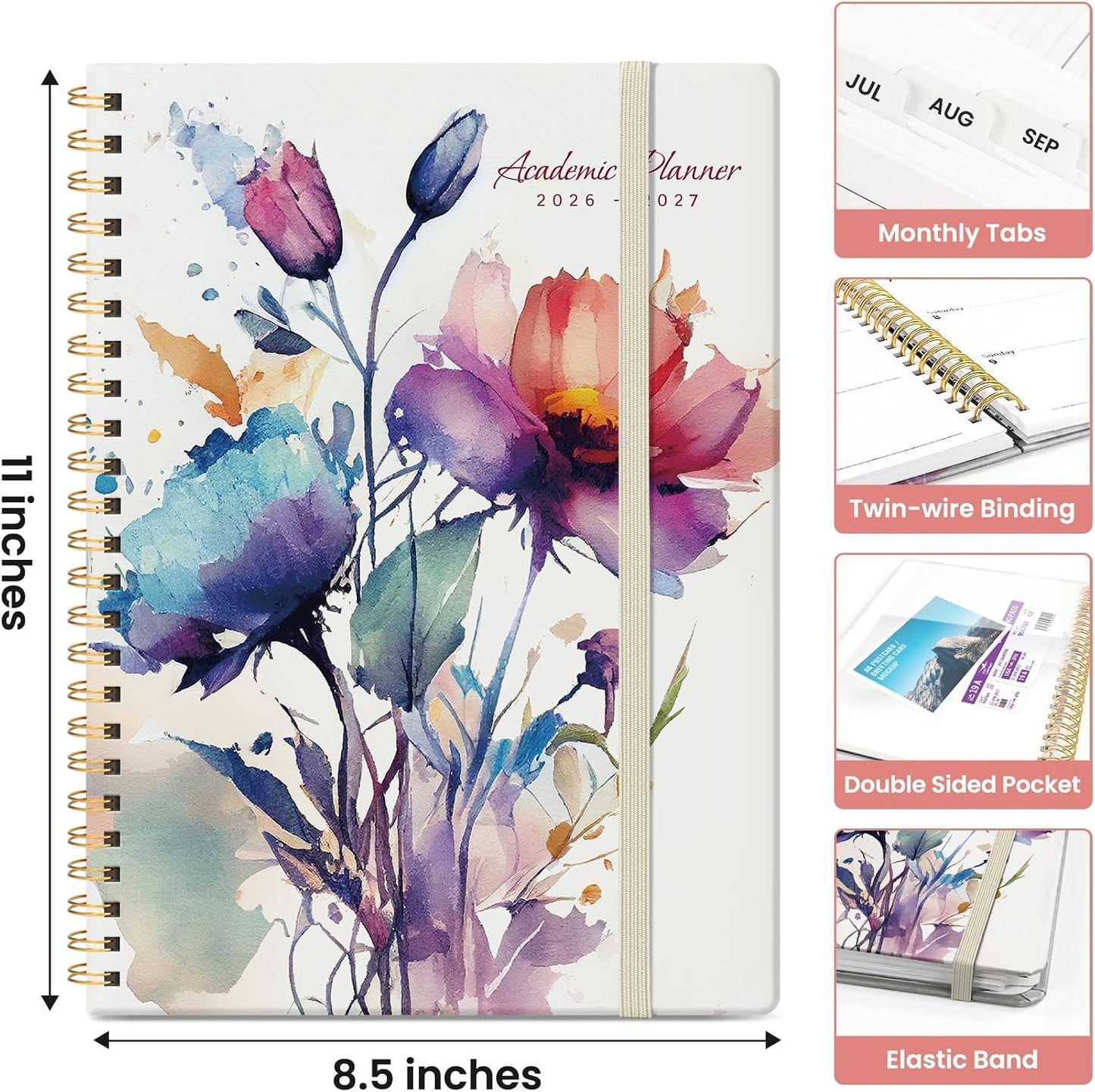 Planner 2026-2027, Academic Monthly and Weekly Calendar Planner for Women, July 2026 - June 2027, Hardcover Pretty Agenda Planner Book with Tabs, Spiral Daily Organizer for School Office Home Supplies, 6.3" x 8.5" - Blue Floral
