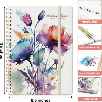 Planner 2026-2027, Academic Monthly and Weekly Calendar Planner for Women, July 2026 - June 2027, Hardcover Pretty Agenda Planner Book with Tabs, Spiral Daily Organizer for School Office Home Supplies, 6.3" x 8.5" - Blue Floral