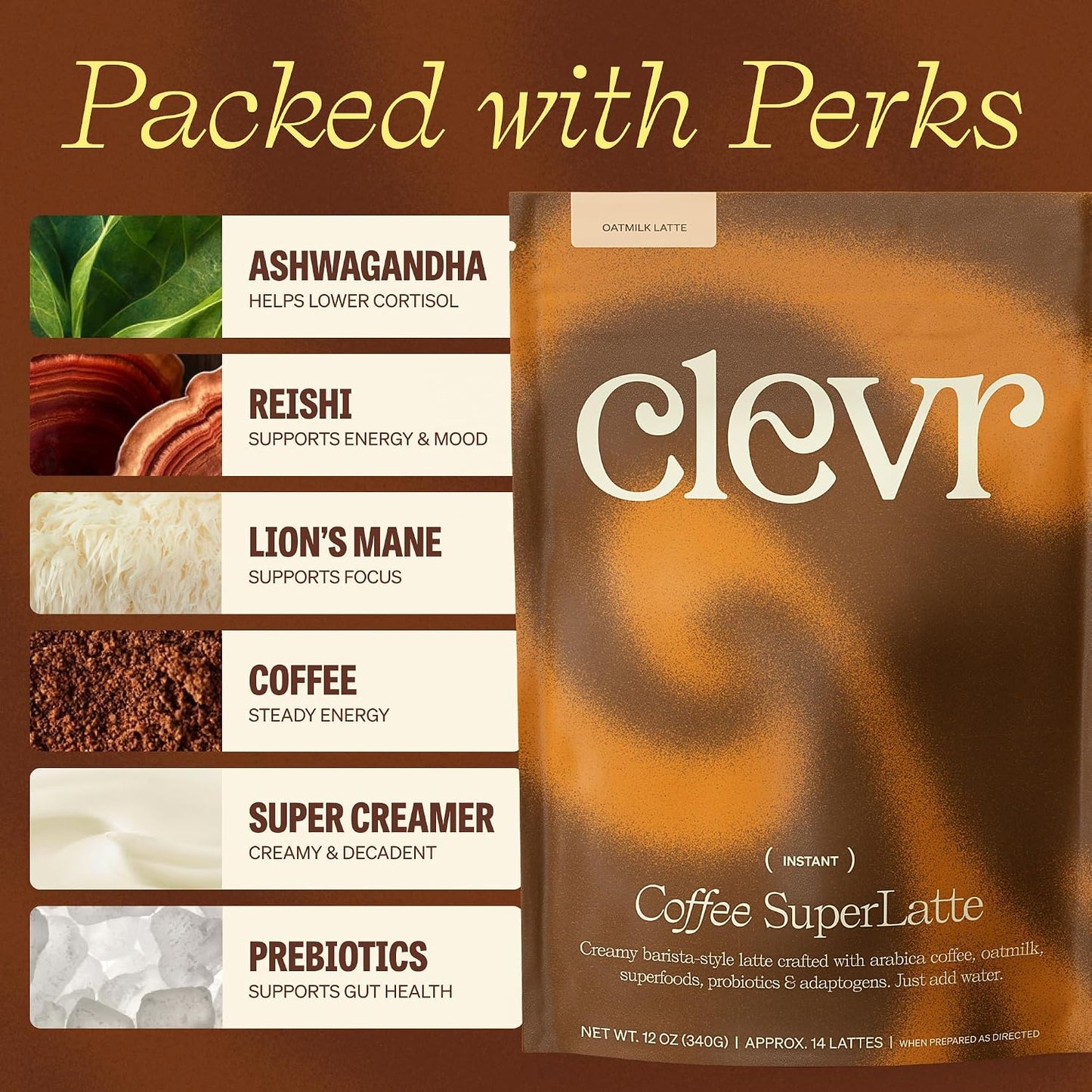 Clevr Pistachio Matcha SuperLatte, Organic Ceremonial Grade, Instant Superfood Powder Blend with Lions Mane, Reishi Mushroom, Coconut Cream, Ashwagandha, Serve Hot or Iced (14 Lattes)