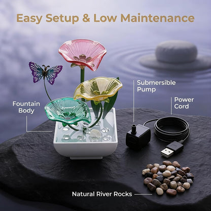 Tabletop Fountain,Indoor Water Fountain,Home Fengshui Décor Zen Relaxation Soothing Sound Machine for Office,Living Room,or Bedroom,Green Lotus,Hummingbird & Pink Flower