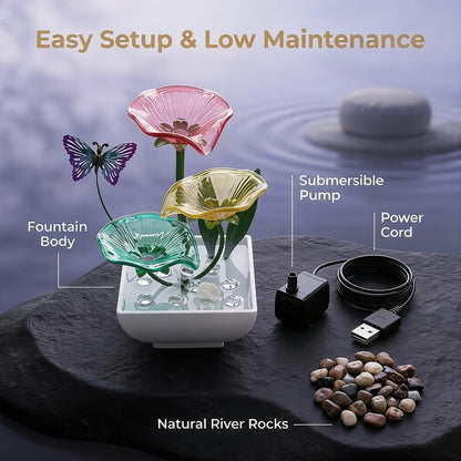 Tabletop Fountain,Indoor Water Fountain,Home Fengshui Décor Zen Relaxation Soothing Sound Machine for Office,Living Room,or Bedroom,Green Lotus,Hummingbird & Pink Flower,9.1inch