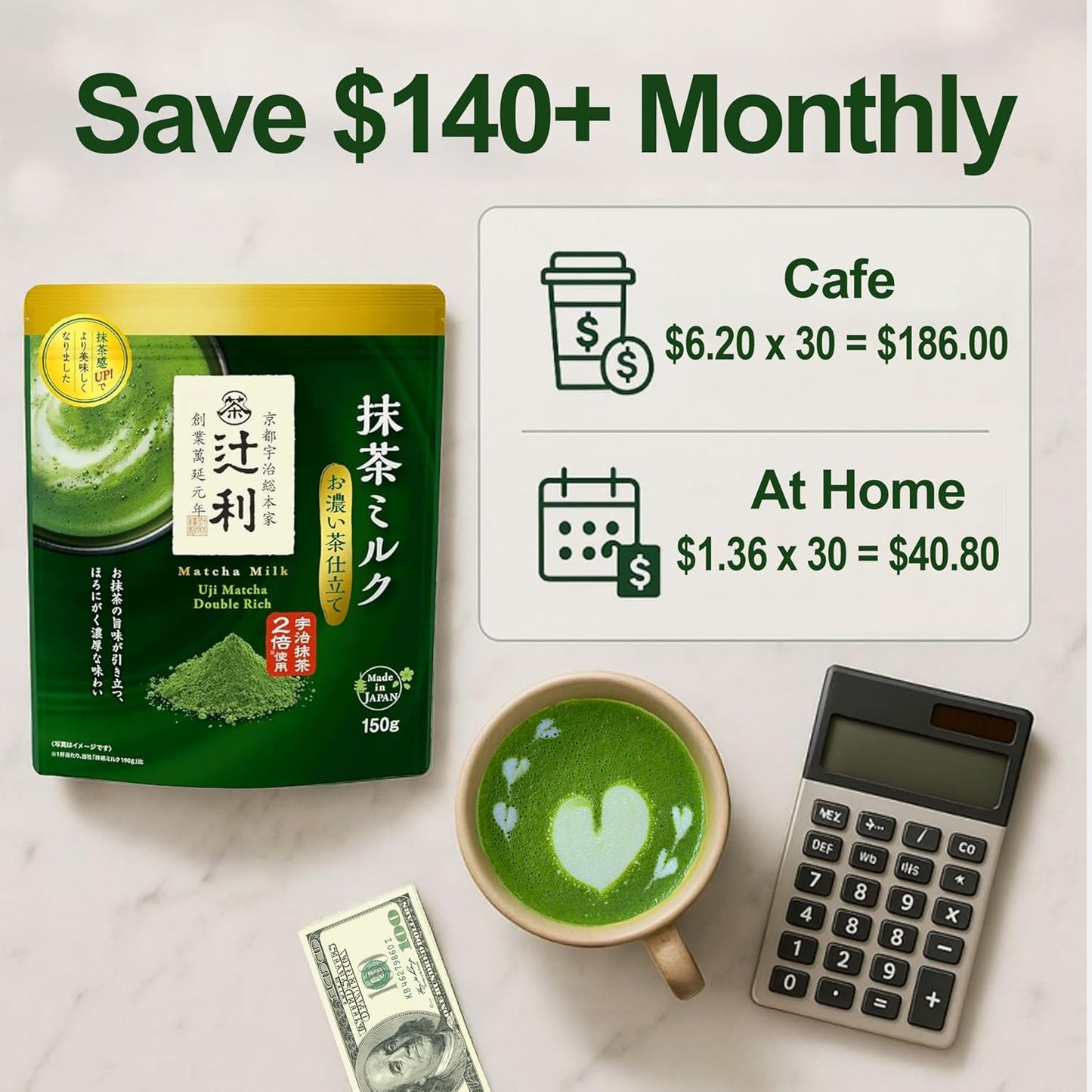 Matcha Milk Uji Double Rich Latte by Tsujiri, 150g Resealable Bag Made in Kyoto Japan