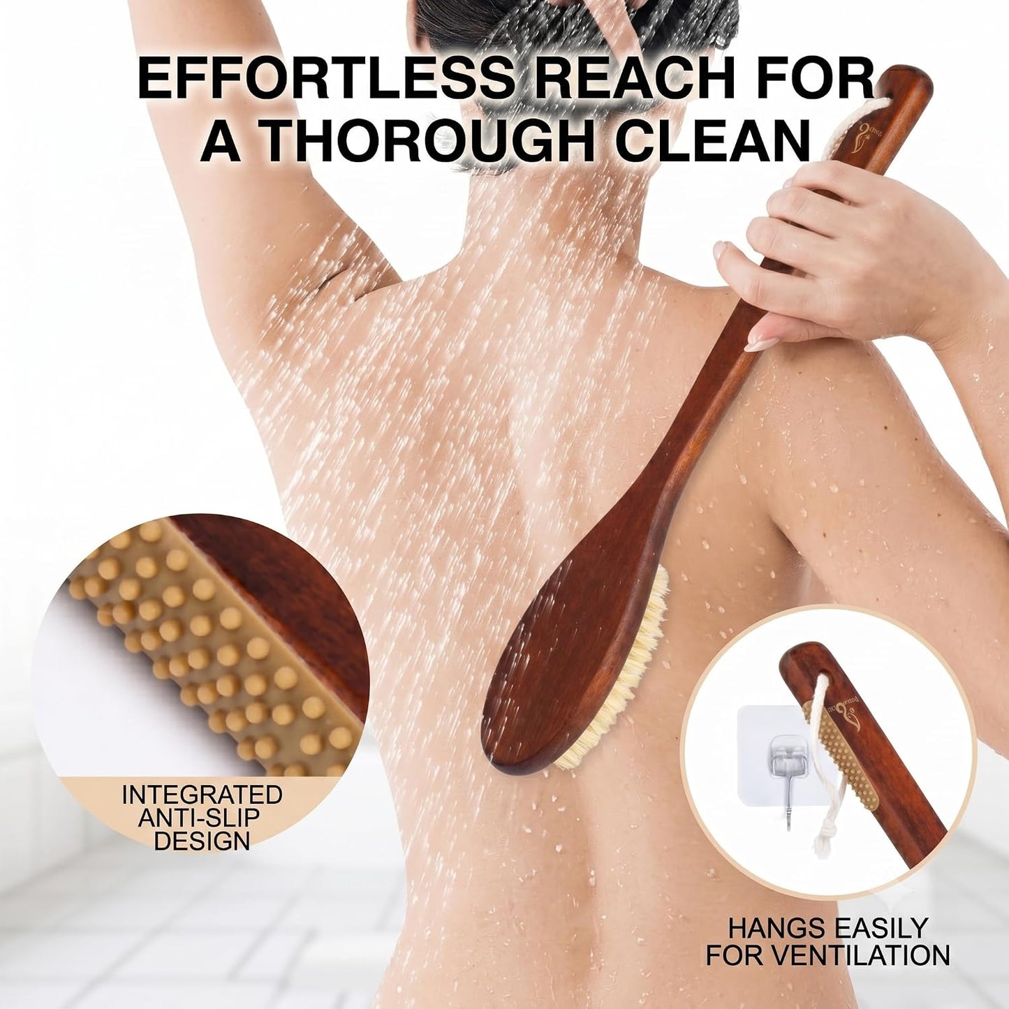 Wooden Bath Brush with Stiff Sisal Bristles Long Handle for Shower Back Scrubber Body Exfoliator, with Hook for Hanging (Stiff Sisal Hair)