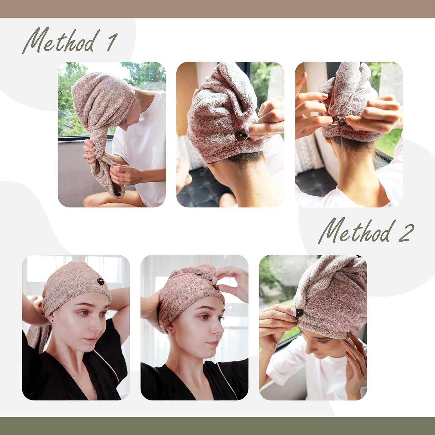 myHomeBody Hair Towel Wrap, Luxury Quick Drying Turban, Ultra Soft Absorbent Charcoal Fiber Cap, with Coconut Shell Button – Gray