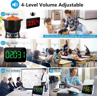 Rechargeable Digital Kitchen Timer for Cooking, Magnetic Timers with Countdown/up, Kids Timer with 5”LED Display 3 Brightness 4 Volume Adjustable for Classroom/Office/Home/Work/Fitness/Game（Blue）