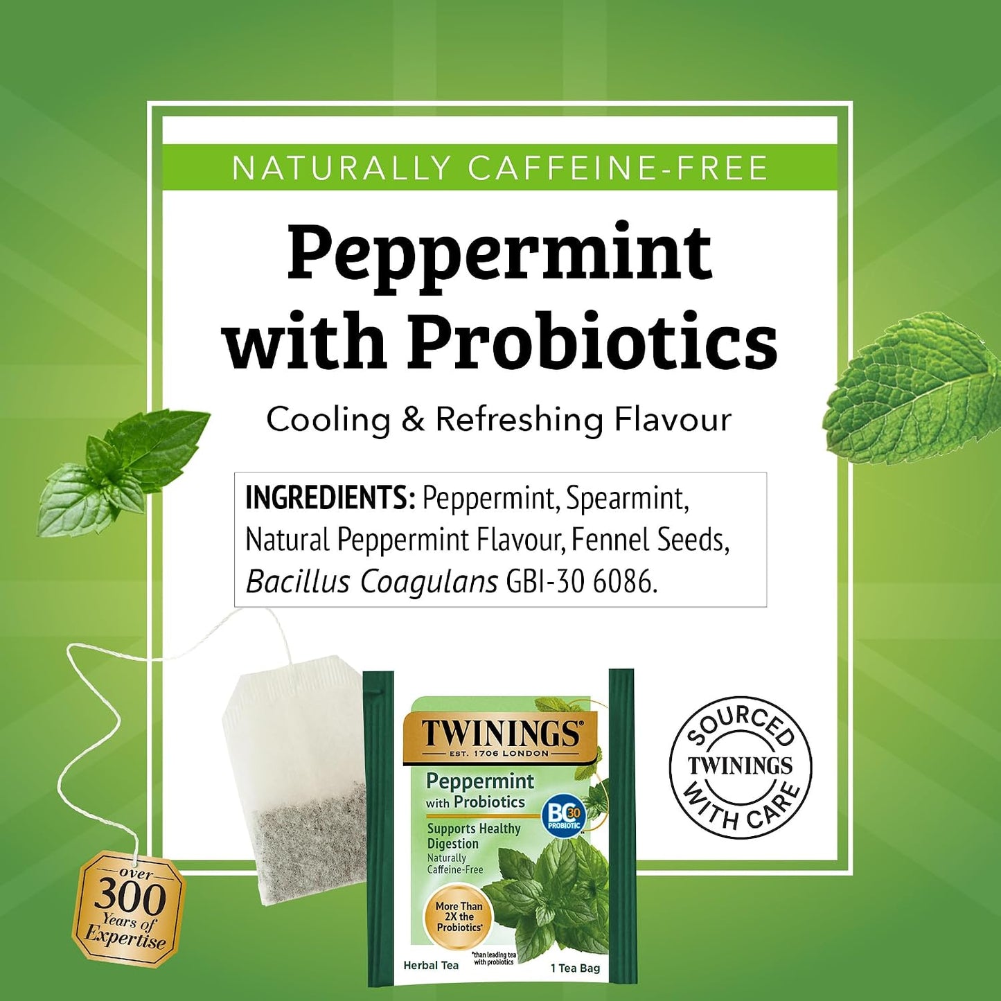 Twinings Peppermint with Probiotics Herbal Tea, 18 Count (Pack of 6), Supports Healthy Digestion, Naturally Caffeine-Free, Enjoy Hot or Iced, 108 Teabags