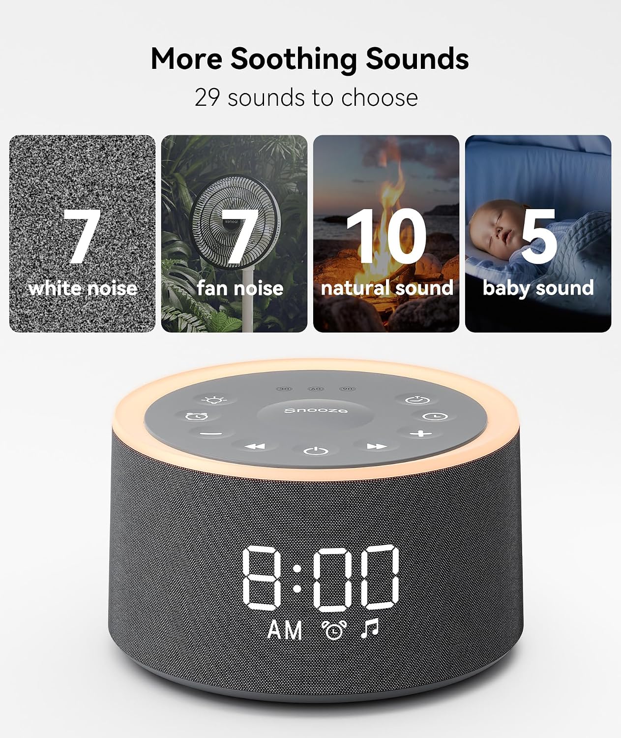 Dreamegg D1+ Sound Machine & Alarm Clock - Sound Machine for Sleep, White Noise Machine with 29 Soothing Sounds, Night Light, 0-100% Dimmable, White Noise Alarm Clock for Bedrooms Adults Baby