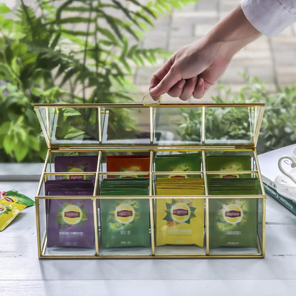 NCYP Glass Tea Bags Organizer with 5 Grids Compartments, Indoor Counter Top Brass Display Case with Lid, Storage Box, Gold, Decor, Teabag Storage, 14.5 x 3.6 x 3.66 Inches (Glass Box Only)