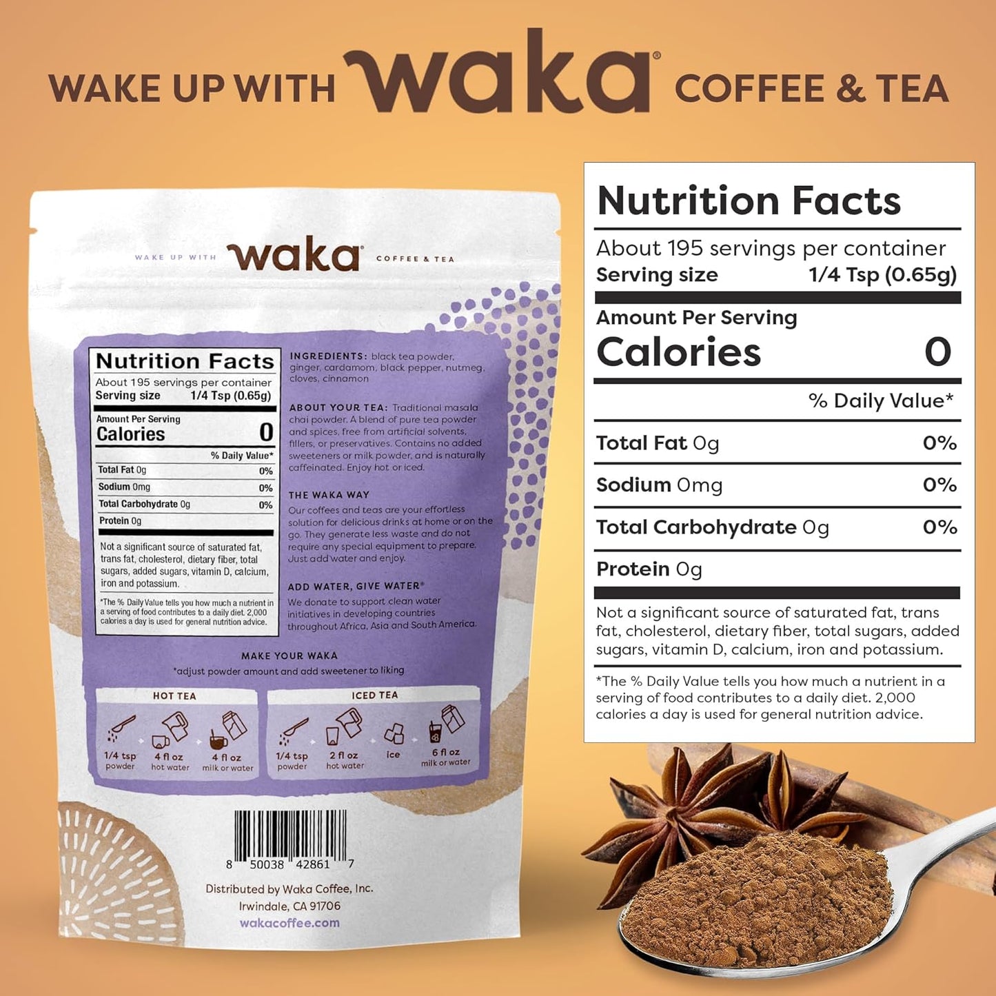 Waka Chai Powder Concentrated Mix, Unsweetened and Unflavored, 4.5 oz | Up to 195 Drinks, Sugar-Free, Authentic Masala Spices and Pure Black Tea Powder
