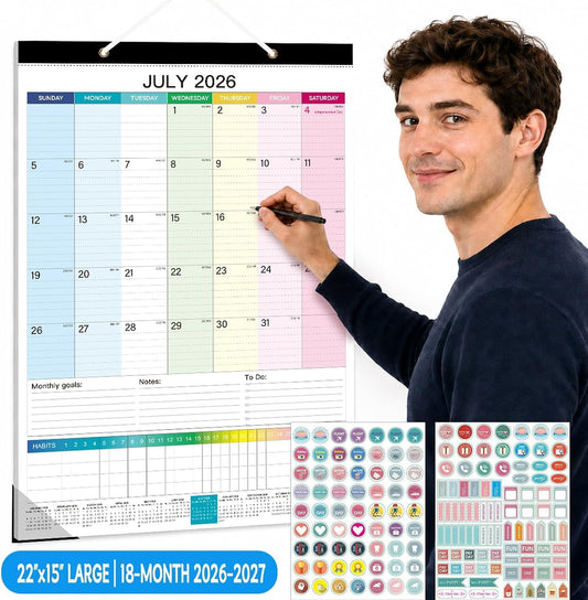 Large Wall Calendar 2026-2027, 18 Months, Jul 2026-Dec 2027, 15x22