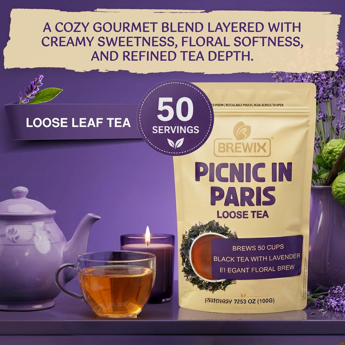 BREWIX Earl Grey Lavender Loose Leaf Tea (50+ Cups, 3.53oz/100g) | London Fog Black Tea with Bergamot & Vanilla | Make a Lavender Tea Latte, Hot or Iced | Calming, Aromatic Gourmet Picnic in Paris Blend