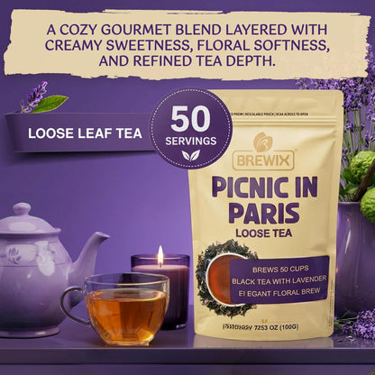 BREWIX Earl Grey Lavender Loose Leaf Tea (50+ Cups, 3.53oz/100g) | London Fog Black Tea with Bergamot & Vanilla | Make a Lavender Tea Latte, Hot or Iced | Calming, Aromatic Gourmet Picnic in Paris Blend
