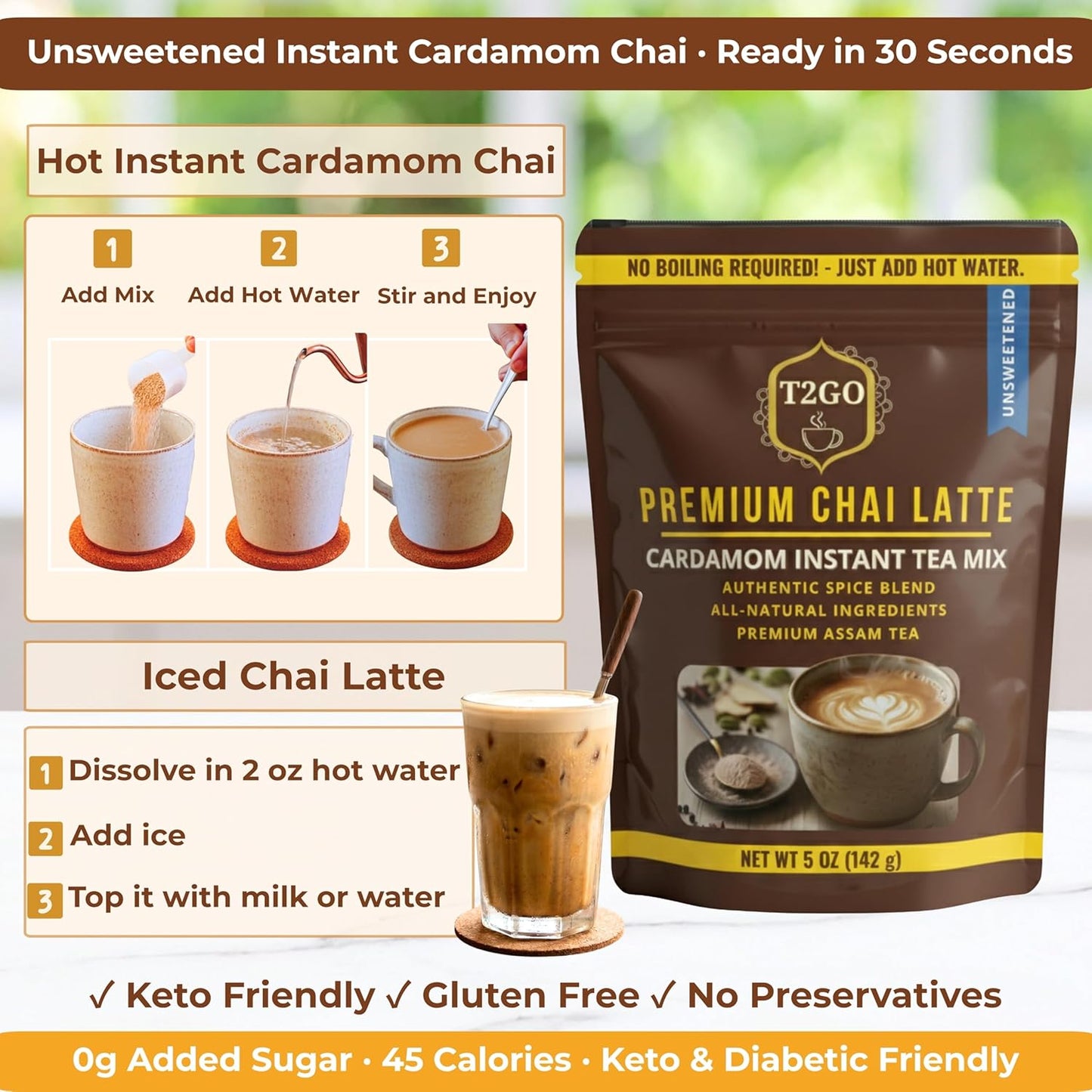 T2GO Authentic Karak Masala Chai Tea Mix – Just Add Water, 8 oz | Bold karak-style masala chai — real milk & spices in every scoop, no simmering