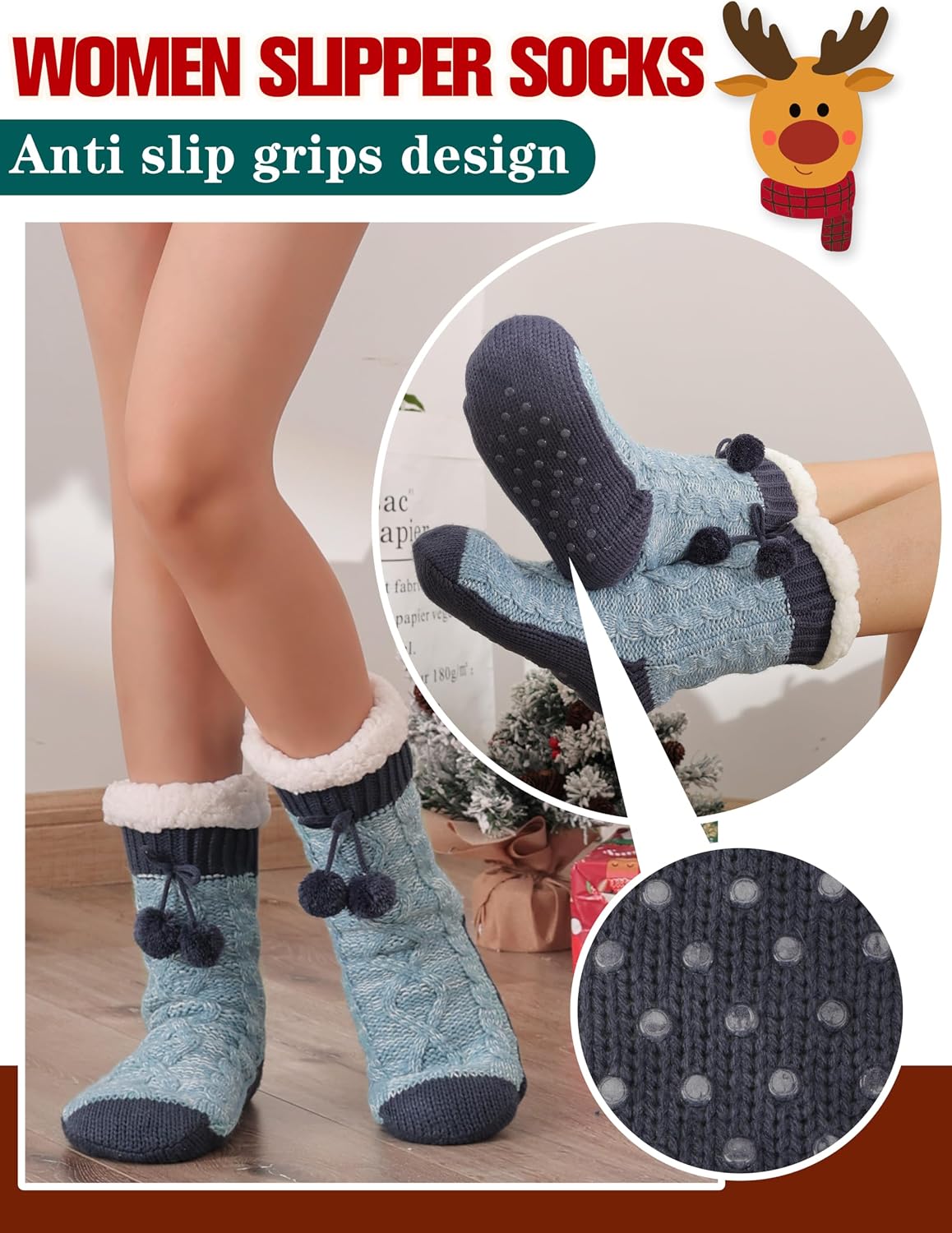 Welwoos Womens Slipper Fuzzy Grips Socks Fluffy Winter Warm Thick Thermal Cozy Plush Non Slip Cabin Soft Fleece Socks