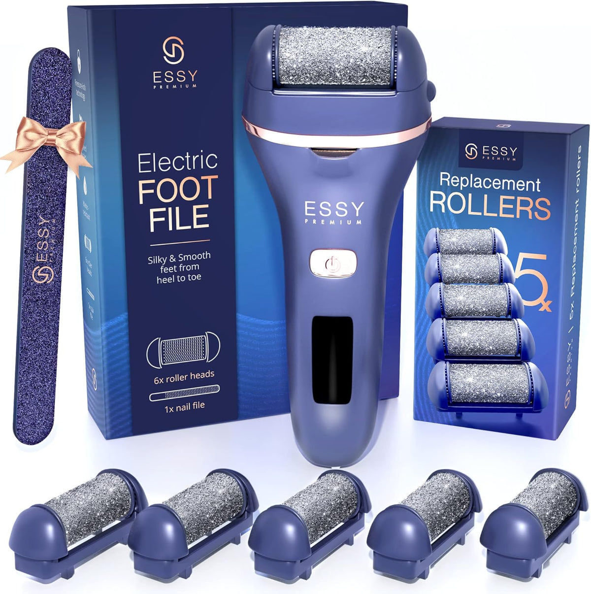 Essy Electric Foot File Hard Skin Remover with 5 Replacement Rollers Foot File Electric Pedicure Sets Cutters Accessories for Dry Dead Hard Skin Feet Callus Remover for Feet Care Exfoliator (Purple)