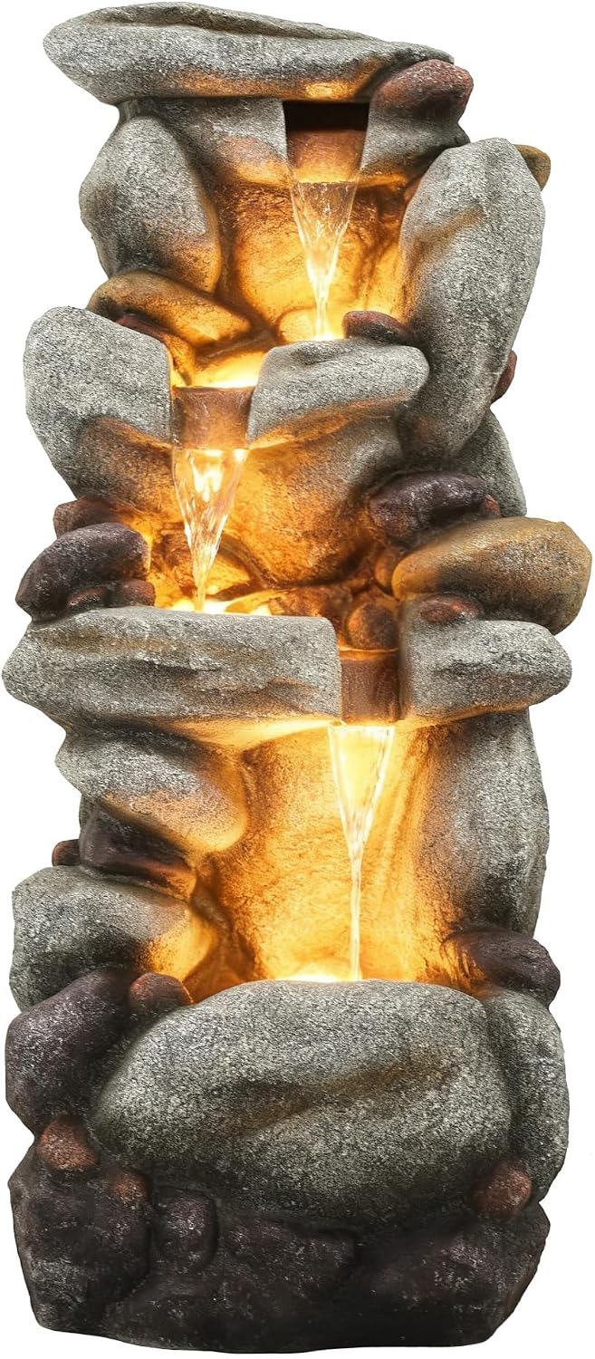 19.5" H 4-Tier Indoor & Outdoor Water Fountain with LED Lights | Resin Pebble Textured Tabletop Cascading Water Feature, Relaxing Decor for Patio, Porch, Deck, Yard & Home