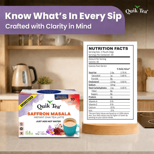 QuikTea Instant Saffron Masala Chai Tea Latte Unsweetened, 10 Single-Serve Sachets, Artisanal Indian Chai Latte Mix, Just Add Hot Water, Low Caffeine, Non-GMO, Gluten Free.