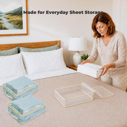 Clear Bed Sheet Organizer Bags, 3 Pack Sheet Storage Bags for Linen Closet, Zippered Bedding Set Organizers for Fitted Sheets, Flat Sheets & Pillowcases, Fits Most Queen/King Sets