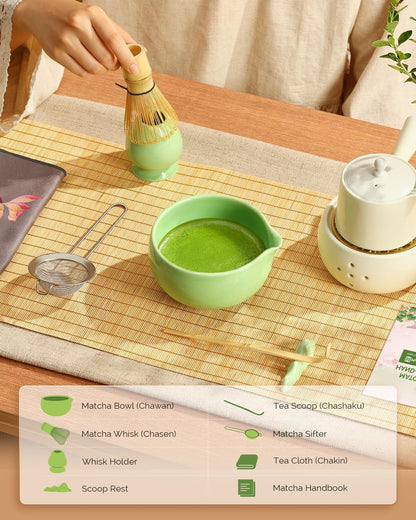Maestri House Matcha Whisk Set, 7-Pc Complete Matcha Kit with Spouted Ceramic Bowl, Bamboo Whisk and Holder, Scoop, Spoon Rest & Sifter, Tea Cloth – Ideal Gift for Matcha Lovers (Black Stone)