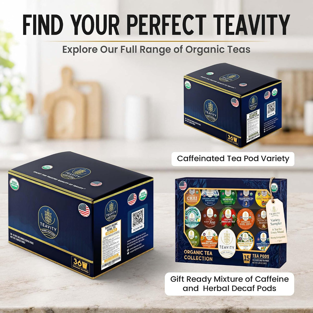 Teavity 9 Blend Organic Herbal Tea Pods Variety Pack,. 9 Assorted Flavors, Single Serve Decaf Tea Pods - 100% Gourmet Blended Leaves, Compatible with Keurig K Cups Brewer