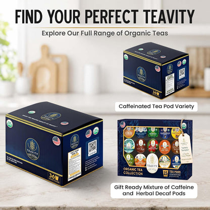 Teavity 9 Blend Organic Herbal Tea Pods Variety Pack,. 9 Assorted Flavors, Single Serve Decaf Tea Pods - 100% Gourmet Blended Leaves, Compatible with Keurig K Cups Brewer