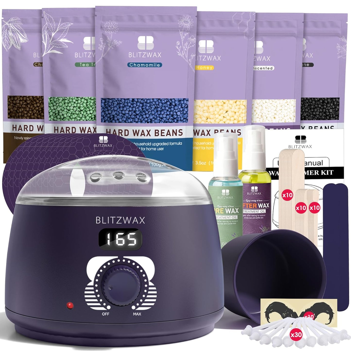 BLITZWAX Brazilian and Bikini Waxing Kit for Women, Hard Wax Warmer for Face, Legs and Body, At Home Hair Removal Kit, Beginner Friendly, Digital Fast Heating, 51 Wax Items