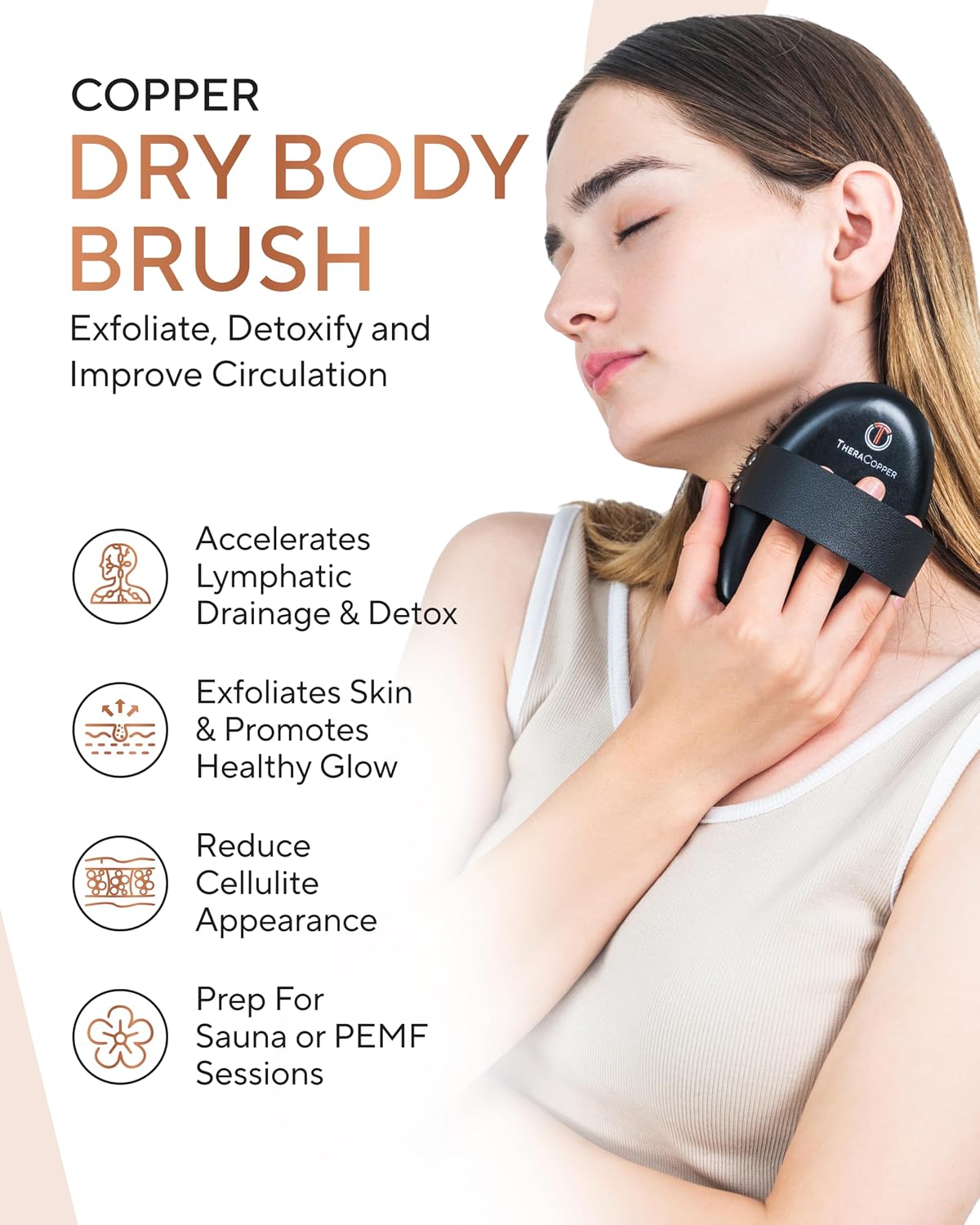 TheraCopper Copper Dry Brushing Body Brush for Lymphatic Drainage