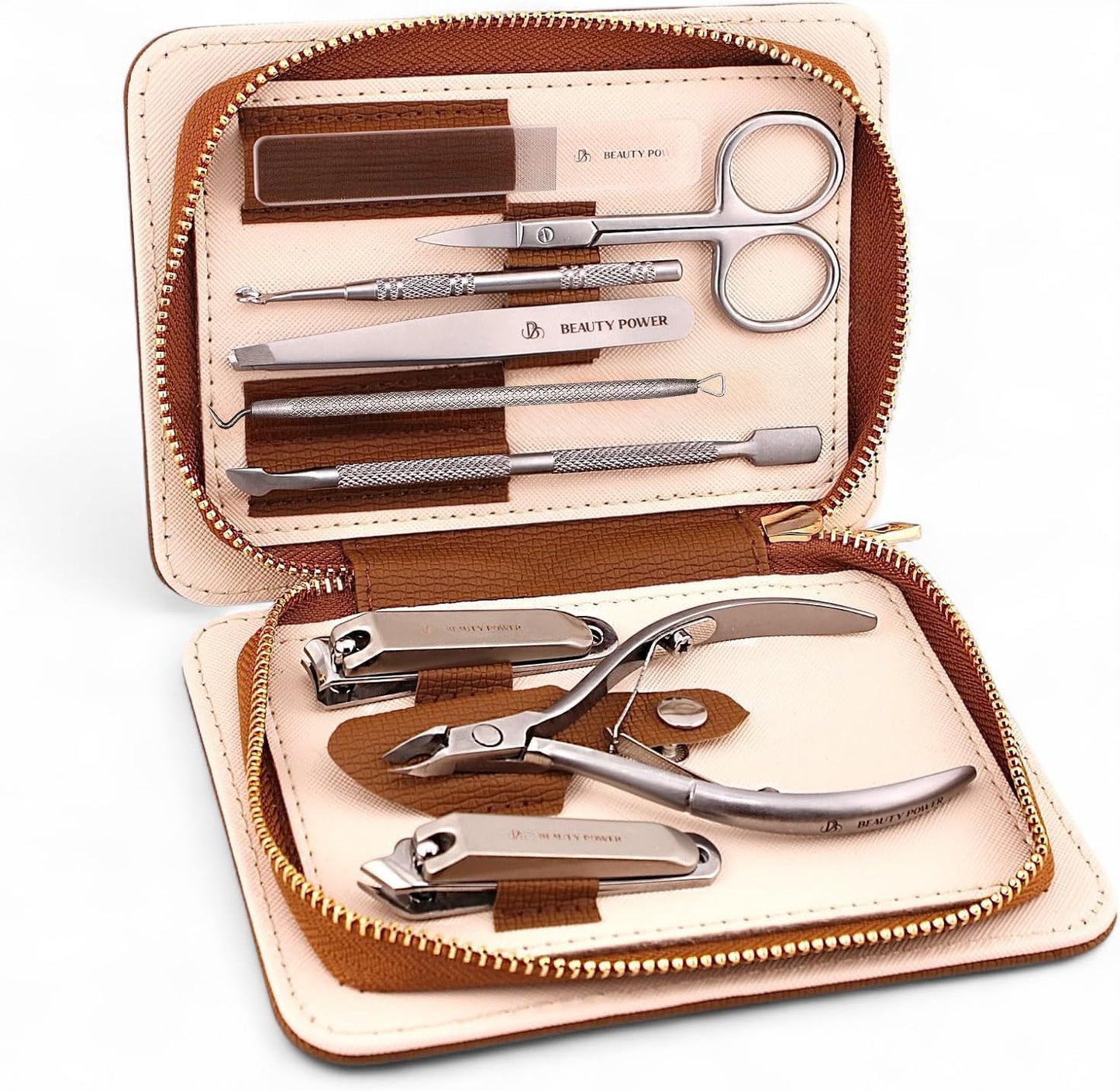 Beauty Power 9 in 1 Professional Manicure Pedicure Set - Stainless Steel Nail Clippers, Nano File, Cuticle Nipper, Scissors, Tweezers, Travel PU Leather Case for Men & Women - Gift Idea - Pink
