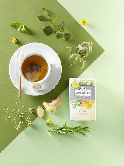 Ahmad Tea Herbal Tea, Ginger, Peppermint, Fennel, Dandelion, & Birch 'Detox' Teabags, 20 ct (Pack of 1) - Decaffeinated & Sugar-Free