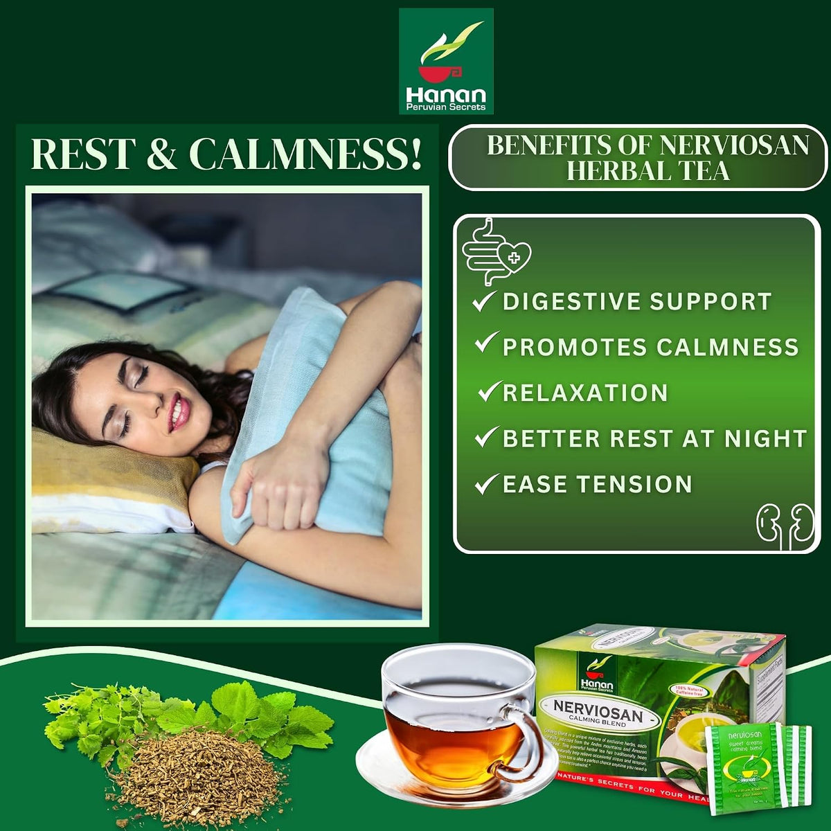 Nerviosan Calming Herbal Blend with Valerian Root, Lemon Balm and Burnet 25 Tea Bags of All Natural Valeriana, Toronjil and Pimpinela Herbs from Peru