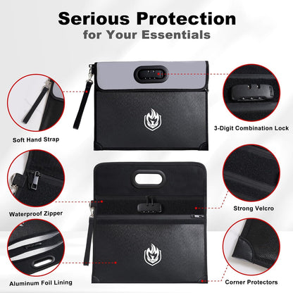 Andyer 2-Pocket Fireproof Document Bag with Lock, 6500℉ Fireproof Money Bag