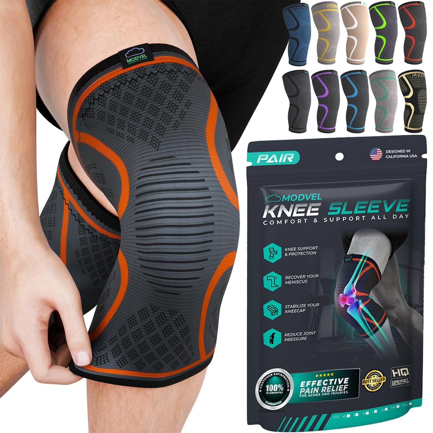 Modvel Compression Knee Brace for Women & Men, 2-Pack Knee Brace for Running Knee Pain, Knee Support Compression Sleeve, Workout Sports Knee Braces for Meniscus Tear, ACL & Arthritis Pain Relief