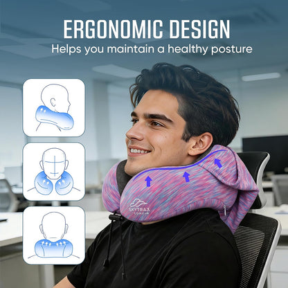 SkytraxComf® Travel Neck Pillow with Hood for Privacy on Long Flights | Memory Foam | Airplane Sleep | Safety-Tested Materials | Extra Large Hood | Chin Support | Earplugs | Washable Cover