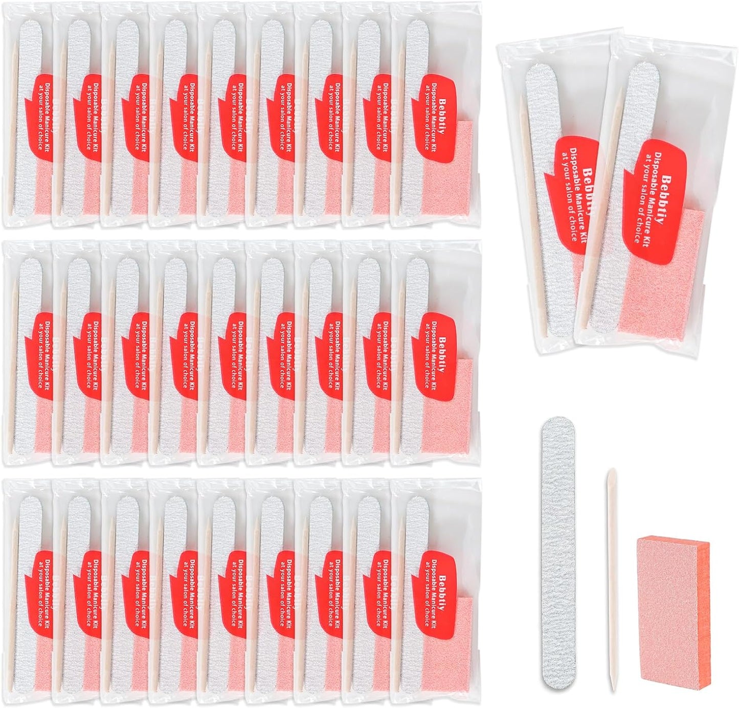 Disposable Manicure Kit Sets, 3 in 1 Nail Salon Manicure Set Professional, Nail File, Mini Buffer, Wood Stick, Individually Package for Salon Home (Count, 50, 80/100 Grit)