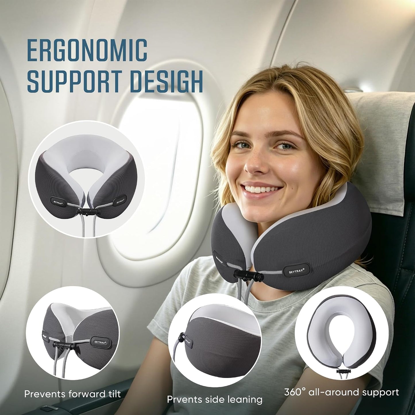 SKYTRAX COMF® Premium Ergonomic Memory Foam Travel Neck Pillow, Washable Cooling Ice Silk Cover, Firm Neck Support for Airplane Long Flights & Pain Relief, with Portable Carry Case (Grey)