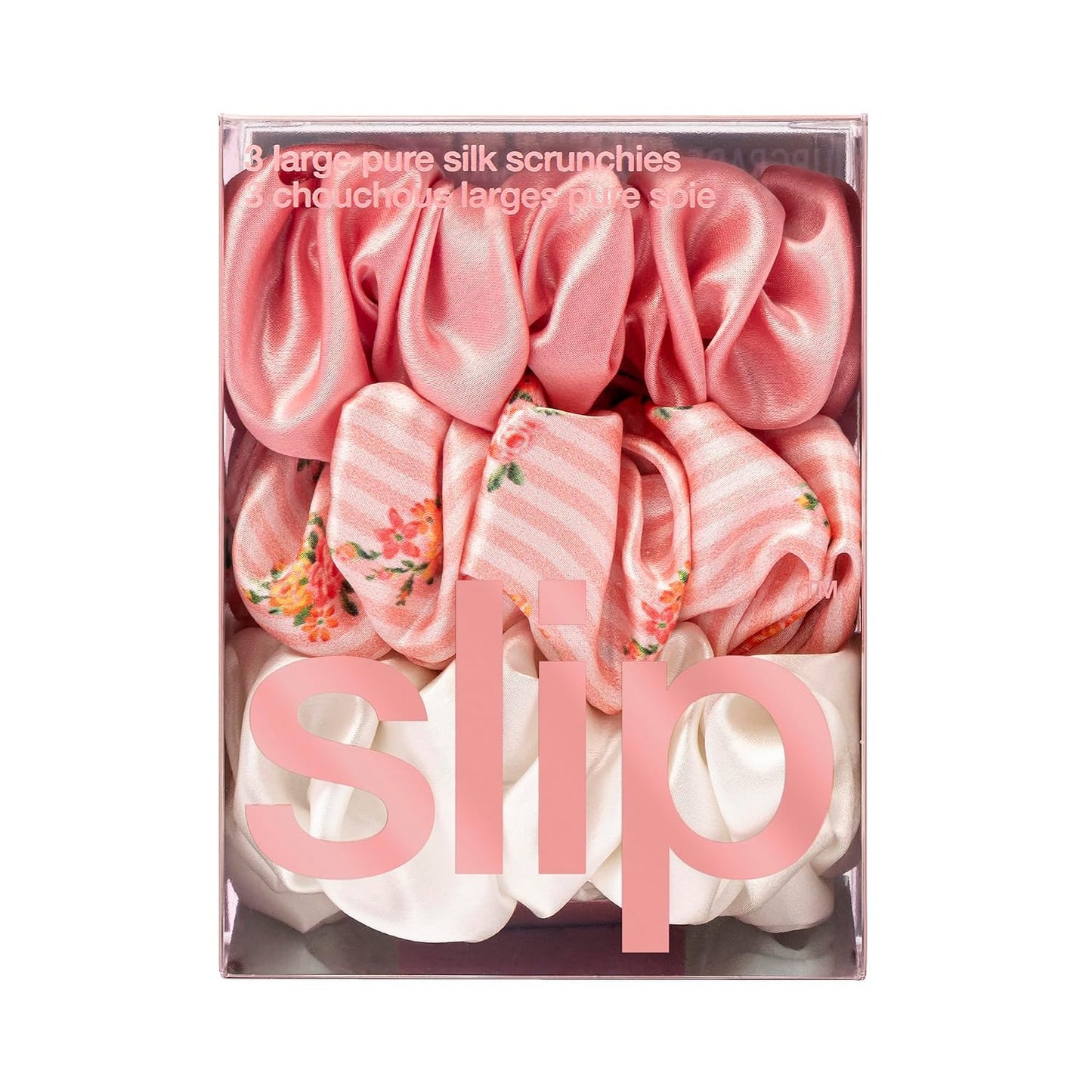 slip Large Scrunchie Multi | Set of 3 Pure Silk Large Scrunchies | Includes 1 Pink, 1 Caramel, 1 Black | 100% Mulberry Silk, Anti-Crease, Gentle on Hair, Reduces Breakage | Stylish & Durable