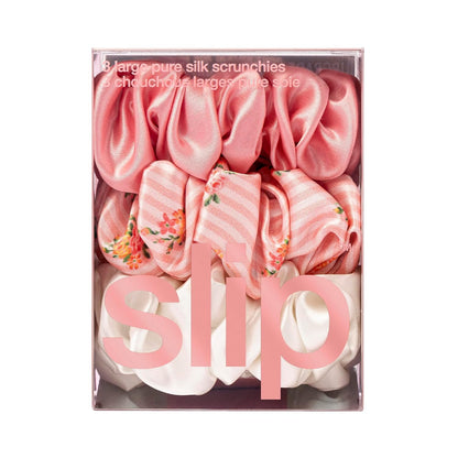 slip Large Scrunchie Multi | Set of 3 Pure Silk Large Scrunchies | Includes 1 Pink, 1 Caramel, 1 Black | 100% Mulberry Silk, Anti-Crease, Gentle on Hair, Reduces Breakage | Stylish & Durable