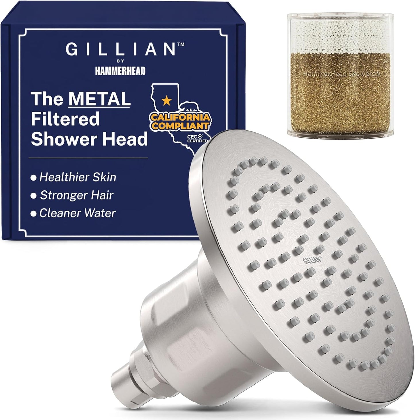 Gillian™ by HammerHead High Pressure Shower Head with Filter – Genuine KDF-55 Filtered Shower Head for Hard Water, Healthier Skin & Hair – Metal 6-Inch Rainfall Showerhead with Filters, Chrome