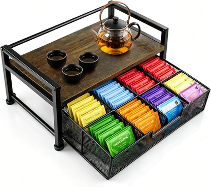Tea Bag Organizer And Storage with Drawer Teabag Holder Tea Box | Wood and Metal Tea Organizers, Brown Tea Storage Chest Display Container for Countertop Kitchen, Office
