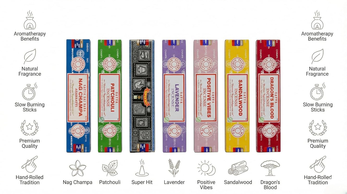 Satya Incense Gift Set Nag Champa, Super hit, Dragon's Blood, Sandalwood, Patchouli, Lavender, Positive Vibes, 15 g