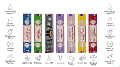 Satya Incense Gift Set Nag Champa, Super hit, Dragon's Blood, Sandalwood, Patchouli, Lavender, Positive Vibes, 15 g