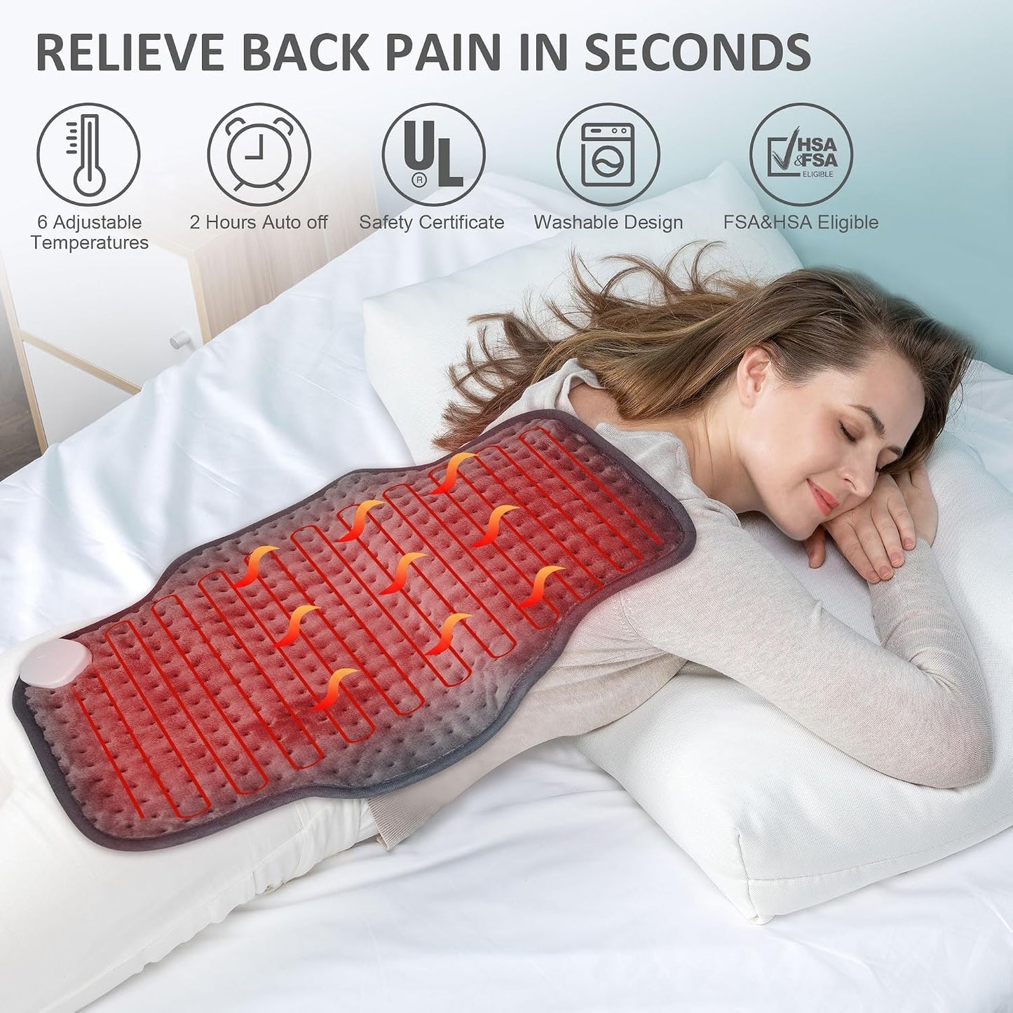 Snailax Heating Pad for Back Pain Relief，Electric Heat Pad for Period Cramps, Neck, Shoulders, Heated Pad with Adjustable Strap, 6 Heat Levels, Auto Shut Off, 16”x24”,Washable,Gifts for Man Dad