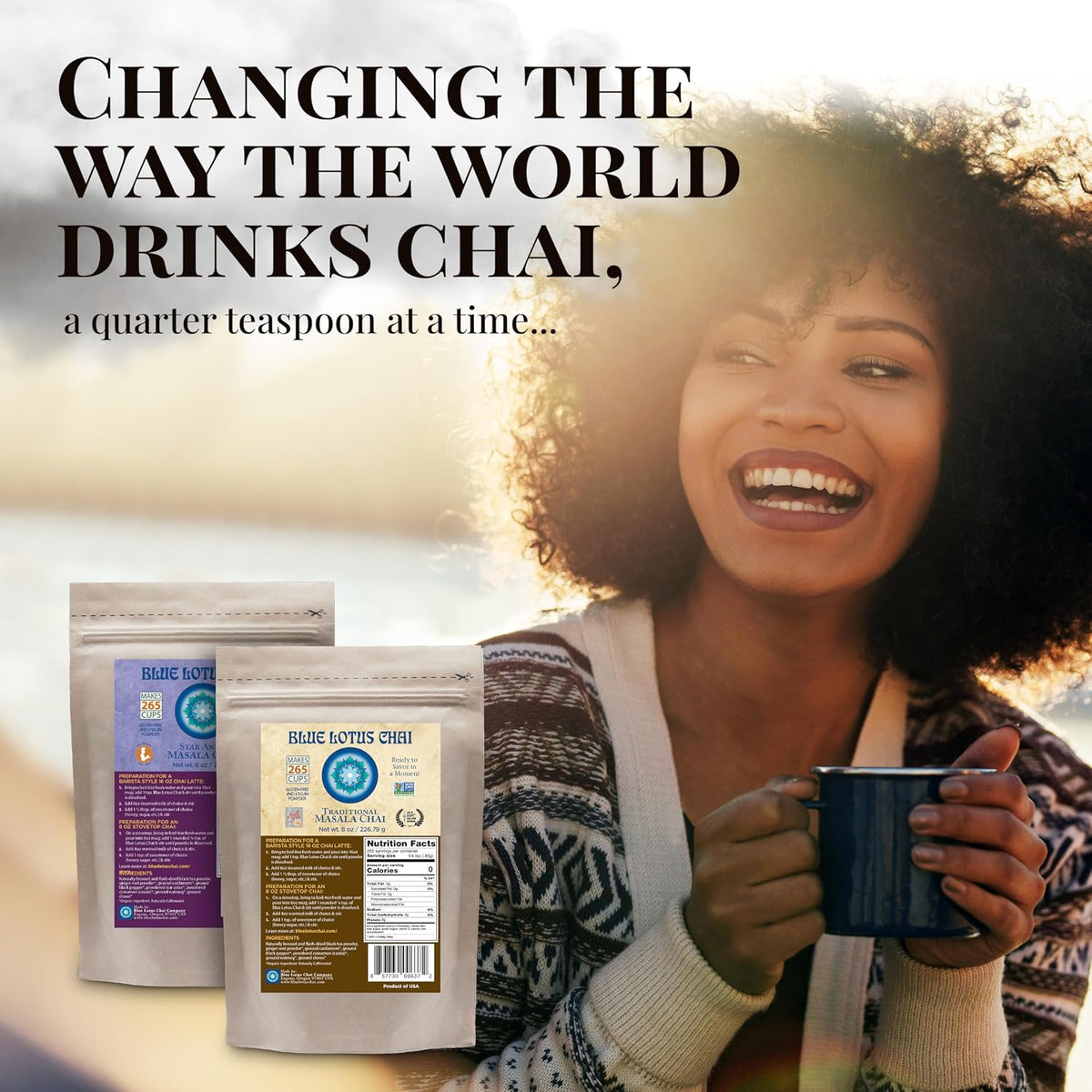 Blue Lotus Chai - Golden Masala Flavor Chai - Makes 100 Cups - 3 Ounce Masala Spiced Chai Powder with Organic Spices - Instant Indian Tea No Steeping - No Gluten